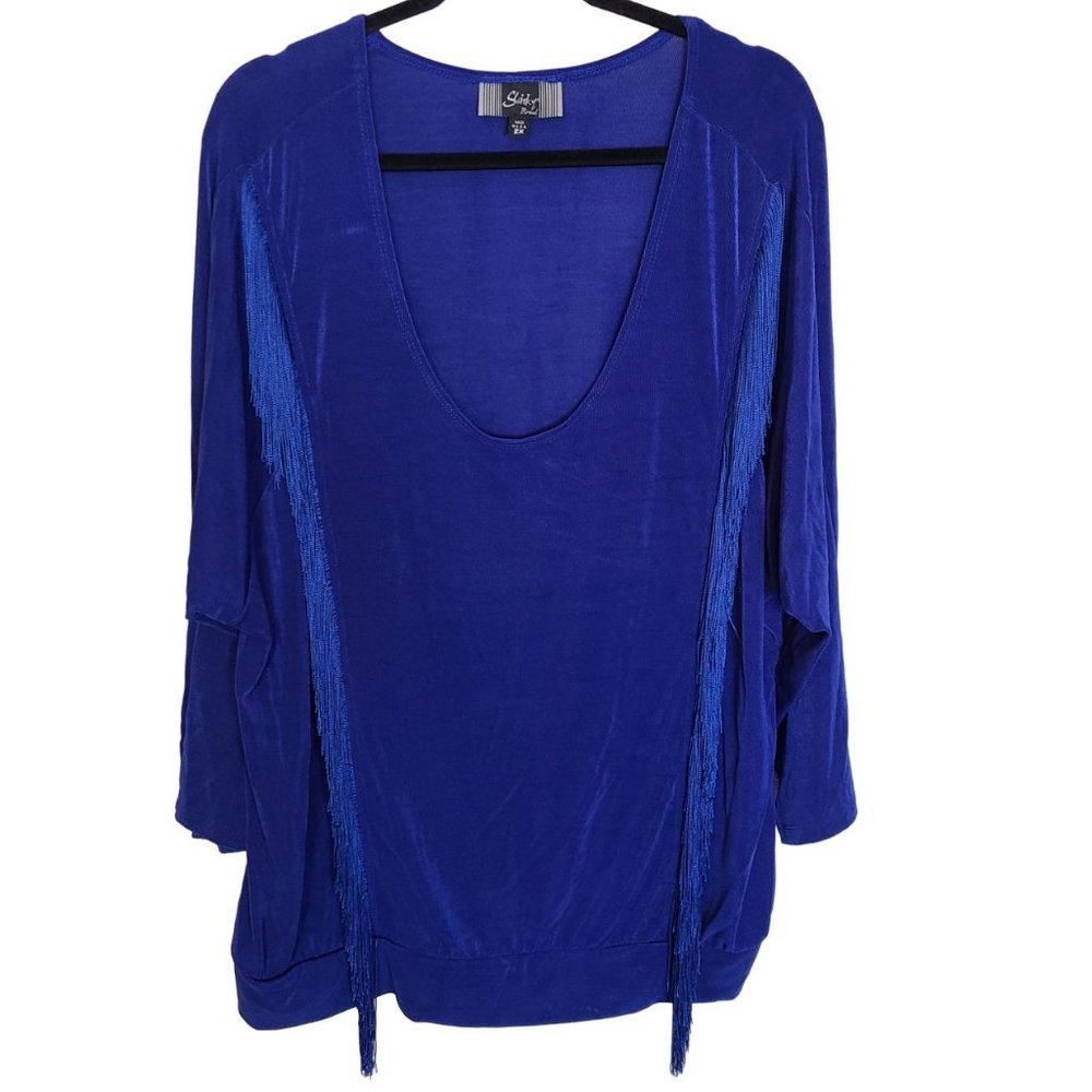 Slinky Brand Womens 2X Blue Fringe Trim Long Sleeves Scoop Neck Blouse Top
